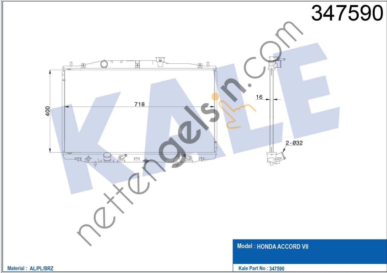 KALE 347590 MOTOR SU RADYATORU HONDA ACCORD 2,4 2003 2008 OTOMATIK VITES  HONDA BİNEK MOTOR SU RADYATORU