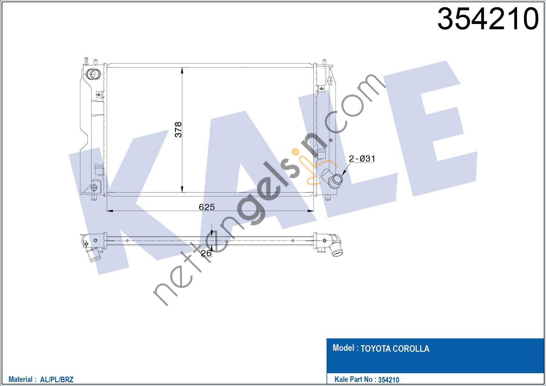 KALE 354210 SU RADYATORU COROLLA 1.4 D4-D 03>07 MANUEL  TOYOTA BİNEK MOTOR SU RADYATORU