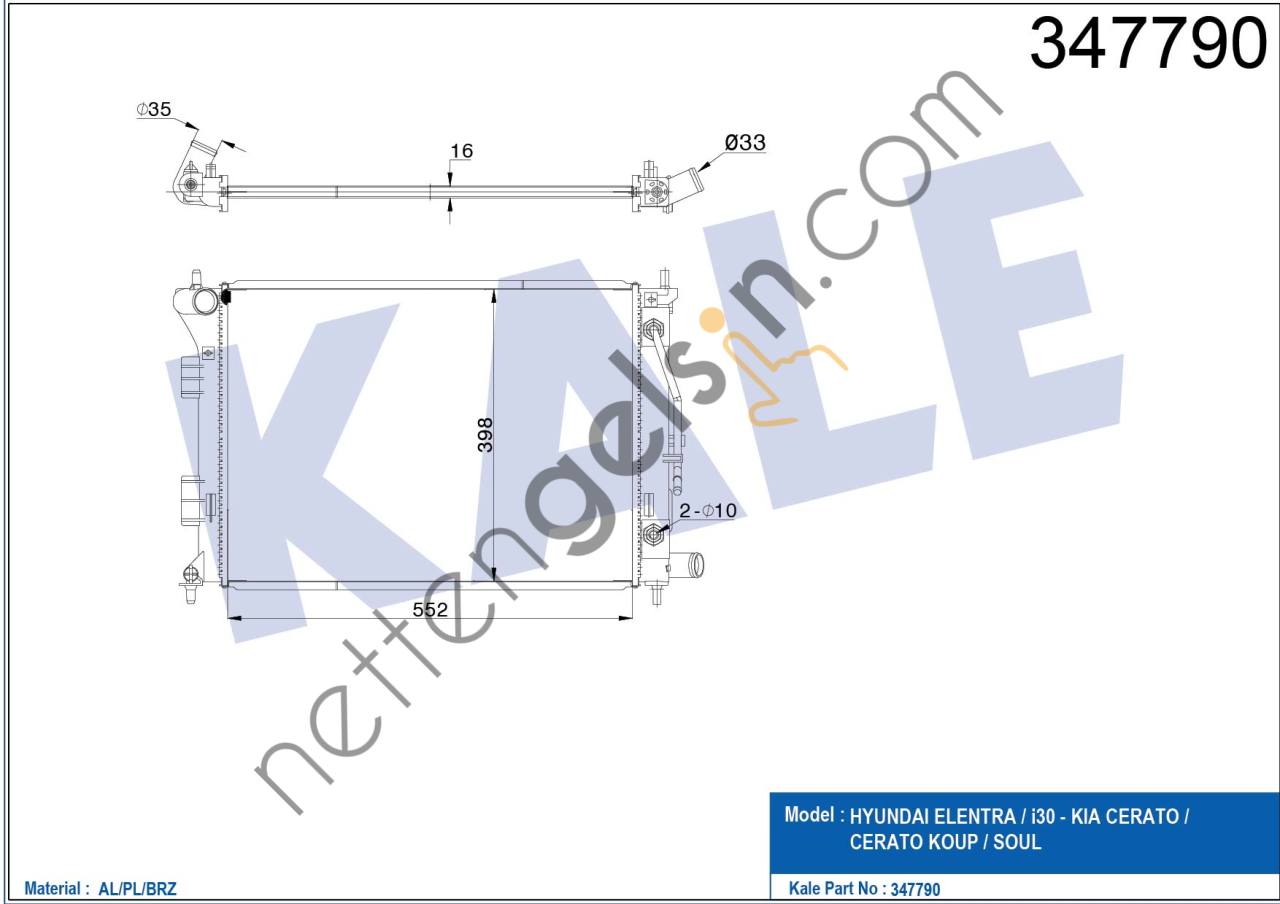 KALE 347790 MOTOR SU RADYATOR ELANTRA 2011> I30 1,6 GDI 2012> OTOMATIK VITES  HYUNDAI BİNEK MOTOR SU RADYATORU