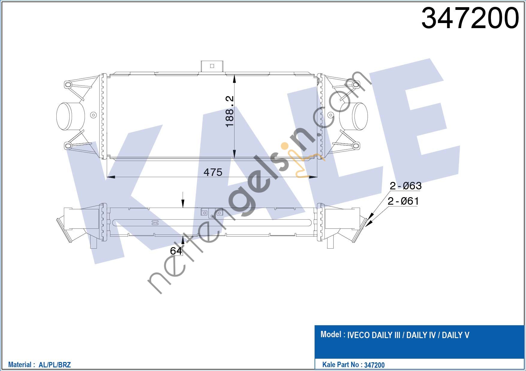 KALE 347200 TURBO RADYATORU (INTERCOOLER) DAILY III IV V (475×187×64)  IVECO HAFİF TİCARİ TURBO RADYATÖRÜ