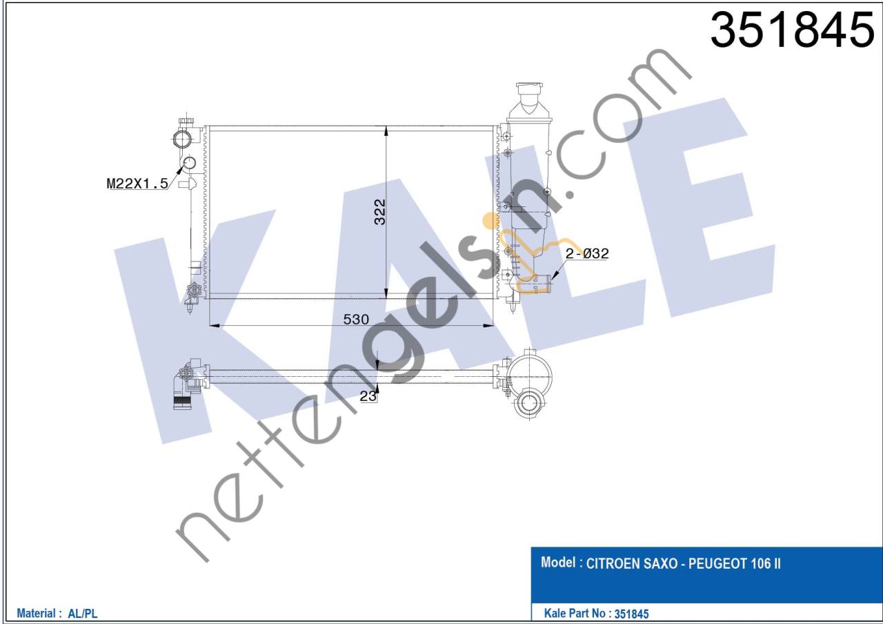 KALE 351845 MOTOR SU RADYATORU TU5JP 106 GTI SAXO VTS KLIMALI TU3JP / TU5J4 (1,4 / 1,6 16V) / (96 03) OLCU: (530*298*22)   PEUGEOT-CITROEN BİNEK MOTOR SU RADYATORU