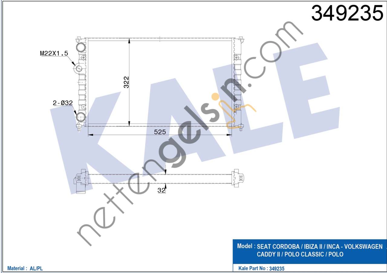 KALE 349235 MOTOR RADYATOR CORDOBA-IBIZA-CADDY-POLO CLASSIC 1,4/1,6/1,7/1,8/1,9 96->  VW-AUDI-SEAT-SKODA BİNEK MOTOR SU RADYATORU