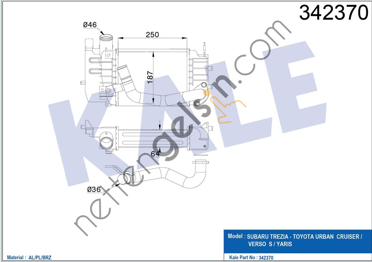 KALE 342370 INTERCOOLER TOYOTA COROLLA - AURIS 1,4 D4D 2007-2012 YARIS 1,4 D4D 2005>  TOYOTA BİNEK TURBO RADYATÖRÜ