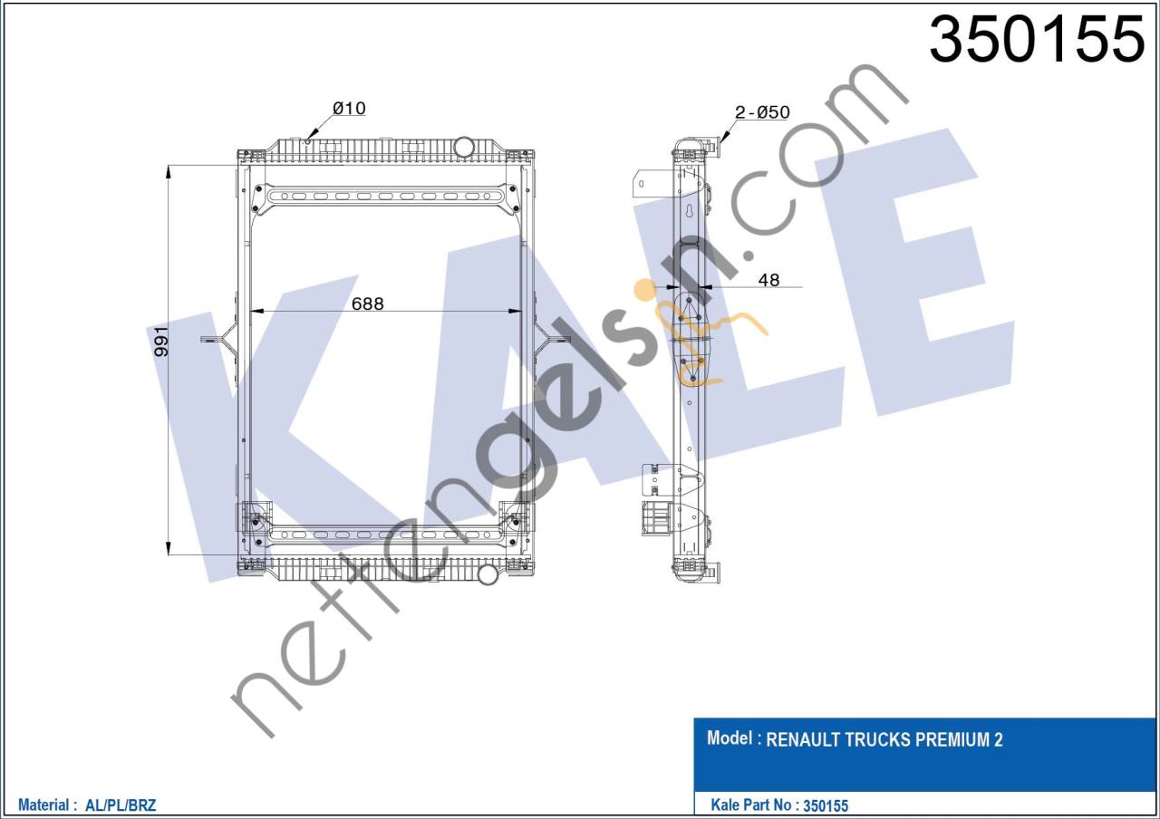 KALE 350155 SU RADYATORU RENAULT PREMIUM DXI 430/450/460 LANDER 430/460 (CERCEVELI)2006>  RENAULT AĞIR VASITA MOTOR SU RADYATORU