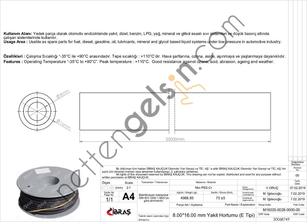 IBRAS 68749 8.0mm x 16.0mm UNIVERSAL YAKIT HORTUMU ( MAKARALI )E TIPI  GENEL BİNEK RULO HORTUM