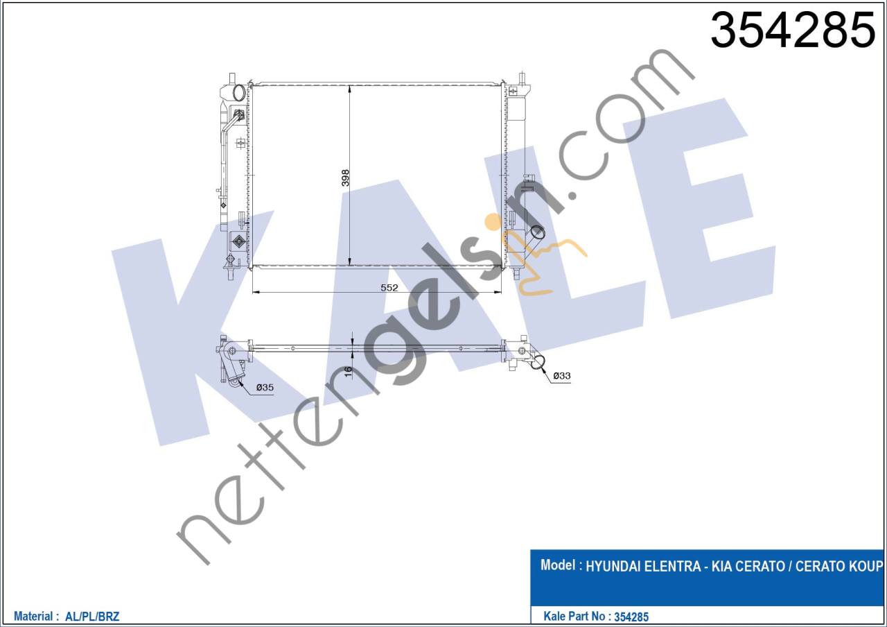 KALE 354285 MOTOR SU RADYATORU ELANTRA 1,6 2011-2016 OTOMATIK VITES  HYUNDAI BİNEK MOTOR SU RADYATORU