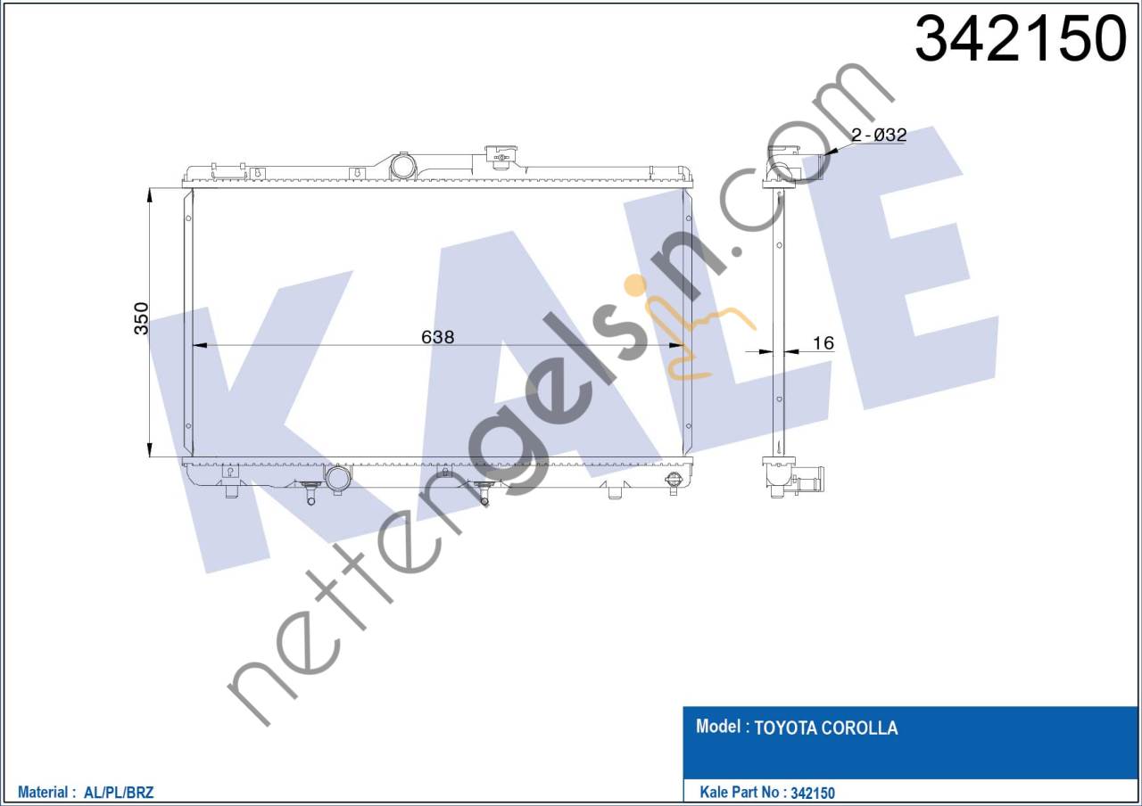 KALE 342150 MOTOR SU RADYATORU COROLLA AE101 1992 1997 OTOMATIK VITES (641X353X17)  TOYOTA BİNEK MOTOR SU RADYATORU