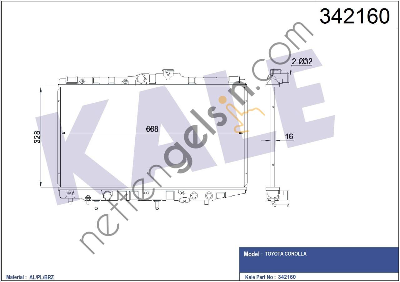 KALE 342160 MOTOR SU RADYATORU COROLLA AE92 88>92 OTOMATIK (685X325X17)  TOYOTA BİNEK MOTOR SU RADYATORU