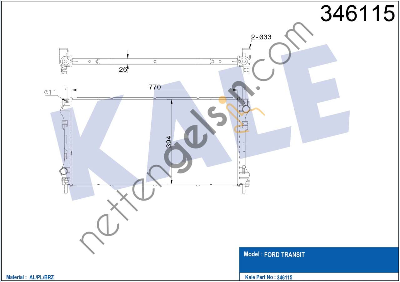 KALE 346115 MOTOR SU RADYATORU (+AC) TRANSIT V184 2,4TDCI 115PS / 120PS / 125PS 01>06 KLIMALI  FORD BİNEK MOTOR SU RADYATORU