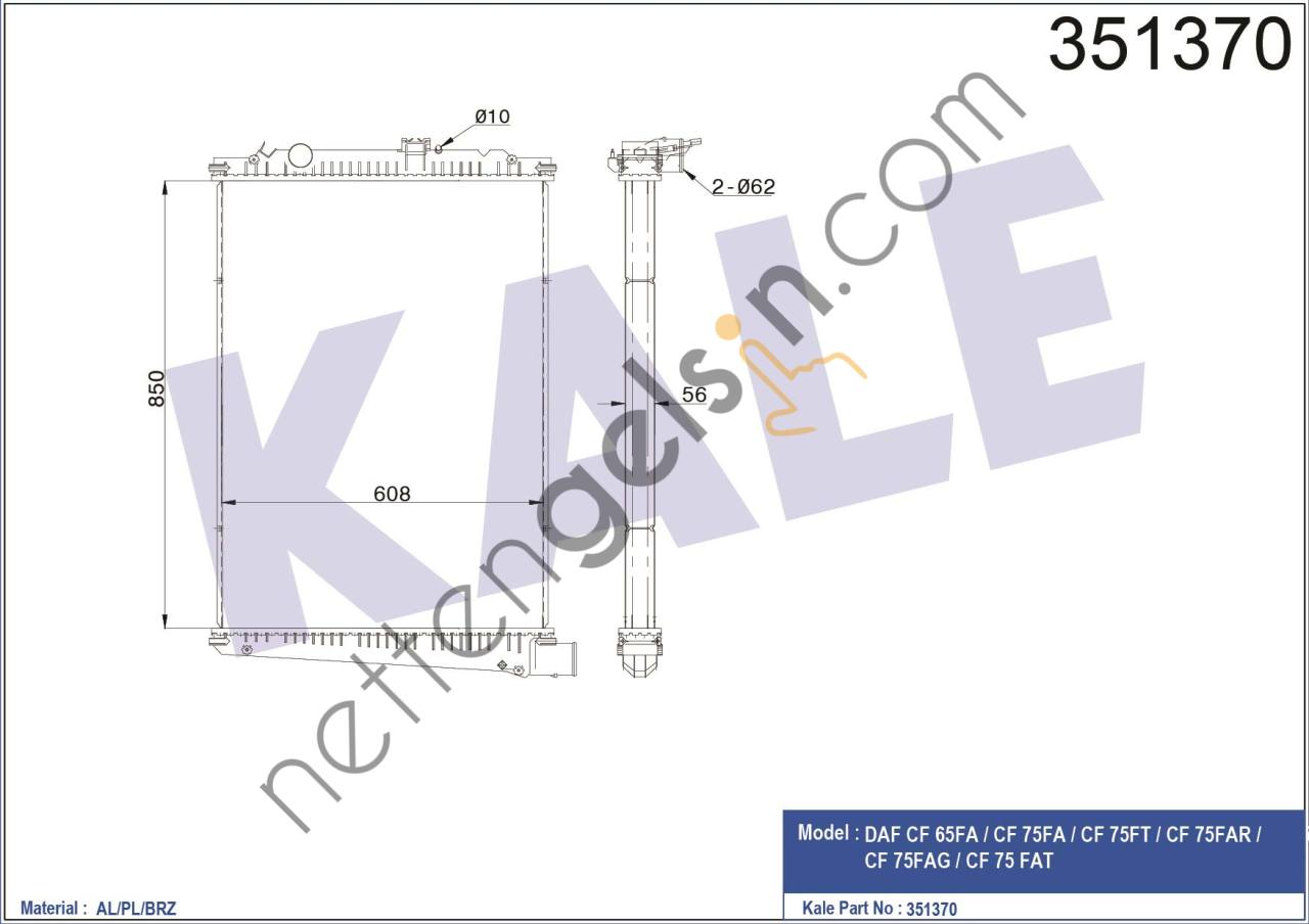 KALE 351370 MOTOR RADYATORU CERCEVESIZ DAF CF65-CF75 01> ( AL-PL-BRZ ) ( 850X608X56 )  DAF AĞIR VASITA MOTOR SU RADYATORU