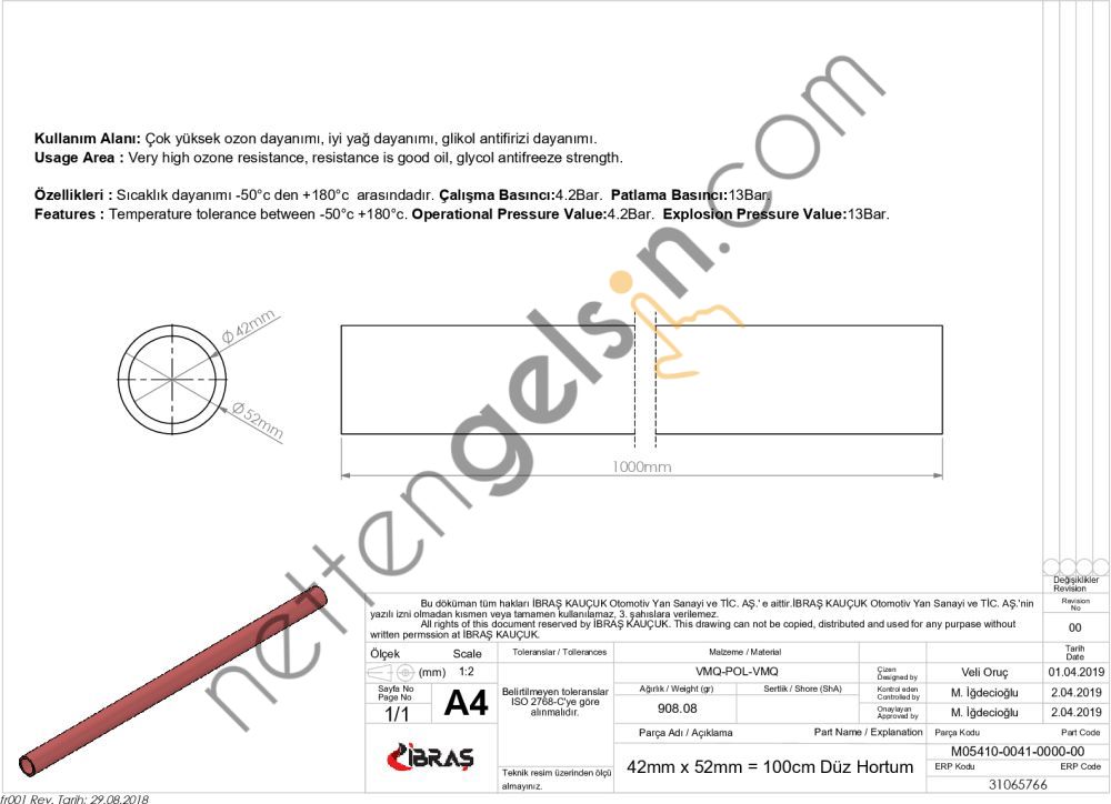 IBRAS 65766 3 KAT POLYESTERLI SILIKON 42mm DUZ HORTUM 1 MT  GENEL BİNEK RULO HORTUM