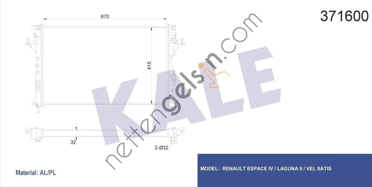 KALE 371600 MOTOR RADYATORU ESPACE IV LAGUNA II VEL SATIS (670×415×32)  RENAULT BİNEK MOTOR SU RADYATORU