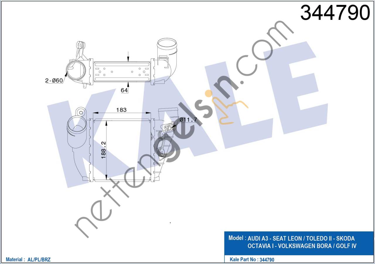 KALE 344790 TURBO RADYATORU GOLF IV BORA 1,8T 1,9TDI 98>05 A3 1,8T 1,9TDI 96>03 OCTAVIA 1,8T 1,9TDI 96>10 LEON 1,8T 1,9TDI 99>06  VW-AUDI-SEAT-SKODA BİNEK TURBO RADYATÖRÜ