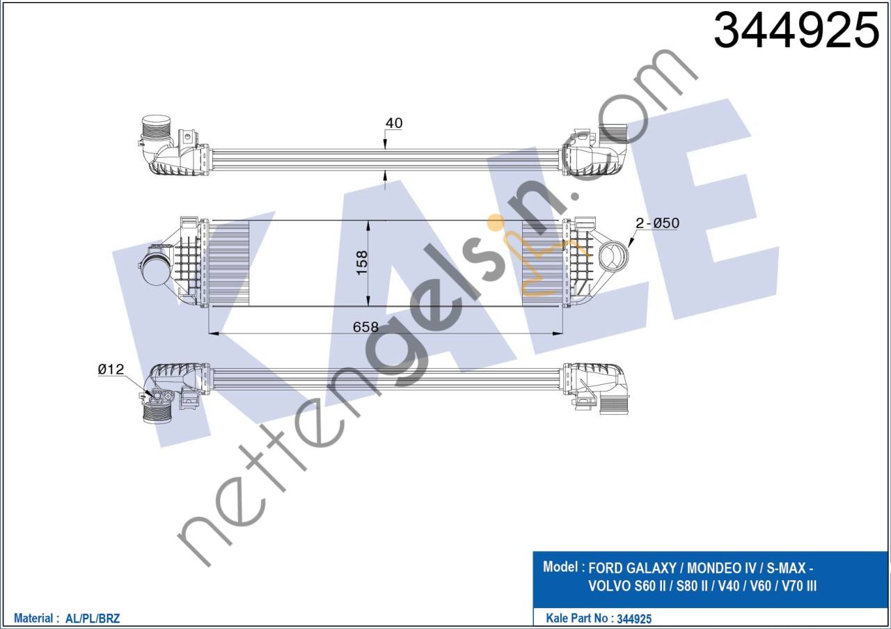 KALE 344925 TURBO INTERCOLL RADYATORU MONDEO IV 07>14 S MAX GALAXY 06 />1.6 ECOBOOST VOLVO V70 III (135) T4 10>15 V60 I (155, 157) T4F 11>15 S80 II (124) T4F 11>15 S60 II (134) T4F-T3-T4 11>15   FORD BİNEK TURBO RADYATÖRÜ