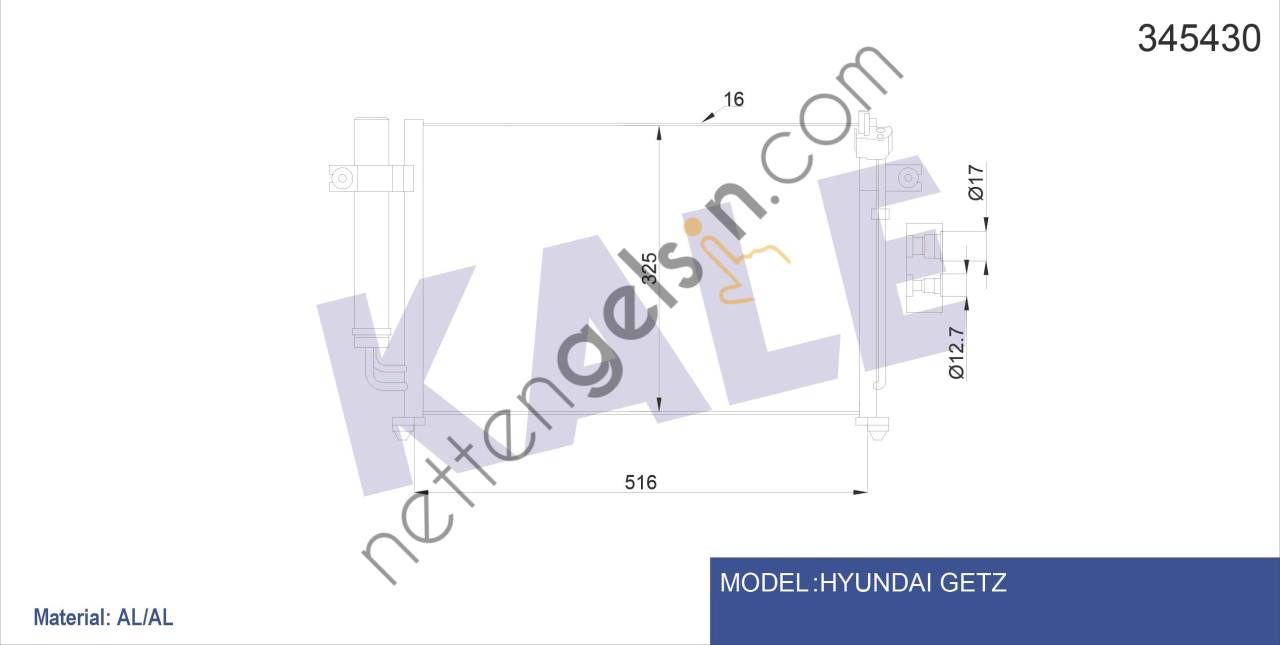 KALE 345430 KLIMA RADYATORU GETZ 1.3 1.4 BENZINLI 2006>  HYUNDAI BİNEK KLİMA RADYATÖRÜ