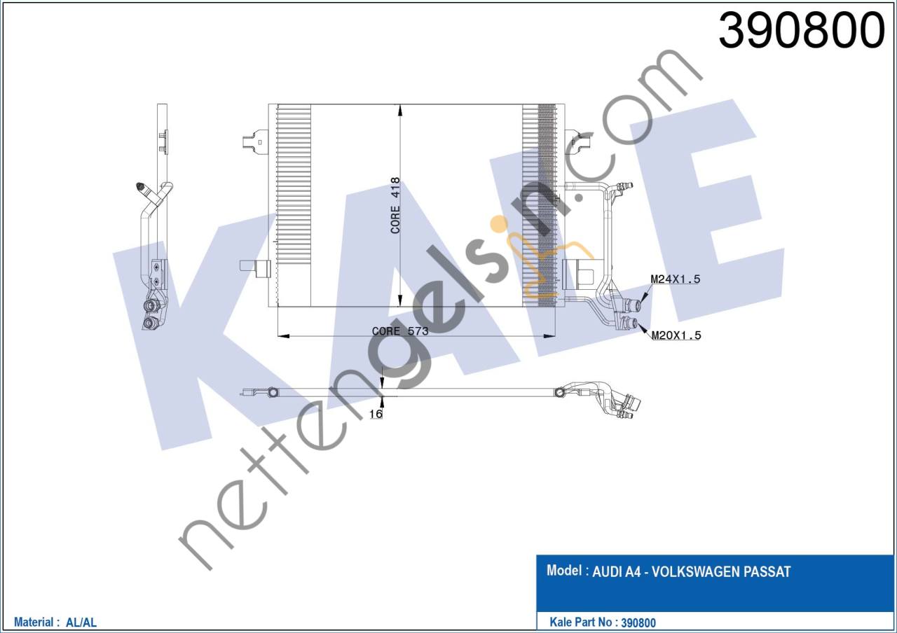 KALE 390800 KLIMA RADYATORU (610×415×16) / (KONDANSER) PASSAT A4 1.9TDI 1.8 / 1.8T 97>  VW-AUDI-SEAT-SKODA BİNEK KLİMA RADYATÖRÜ