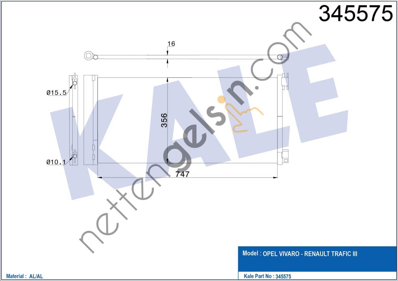 KALE 345575 KLIMA RADYATORU NISSAN QASHQAI J11 KASA 1,6 DCI 2011 > TRAFIC III 1,6 DCI  RENAULT BİNEK KLİMA RADYATÖRÜ