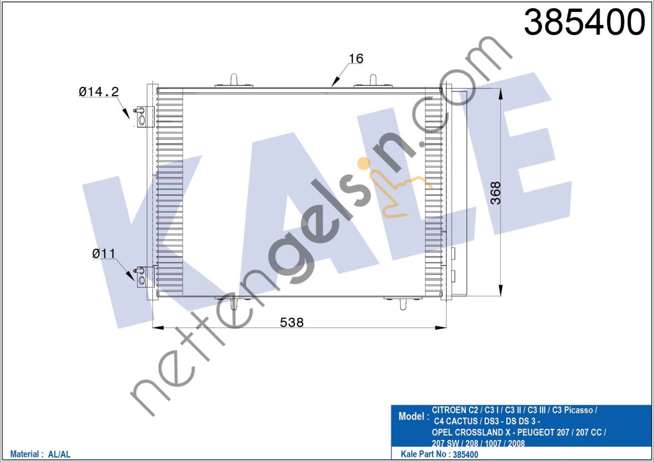 KALE 385400 KLIMA RADYATORU (KONDANSER) P207 P1007 C2 C3 C3 II 1.6 HDI 05>10 OLCU: (538×368×16)  PEUGEOT-CITROEN BİNEK KLİMA RADYATÖRÜ