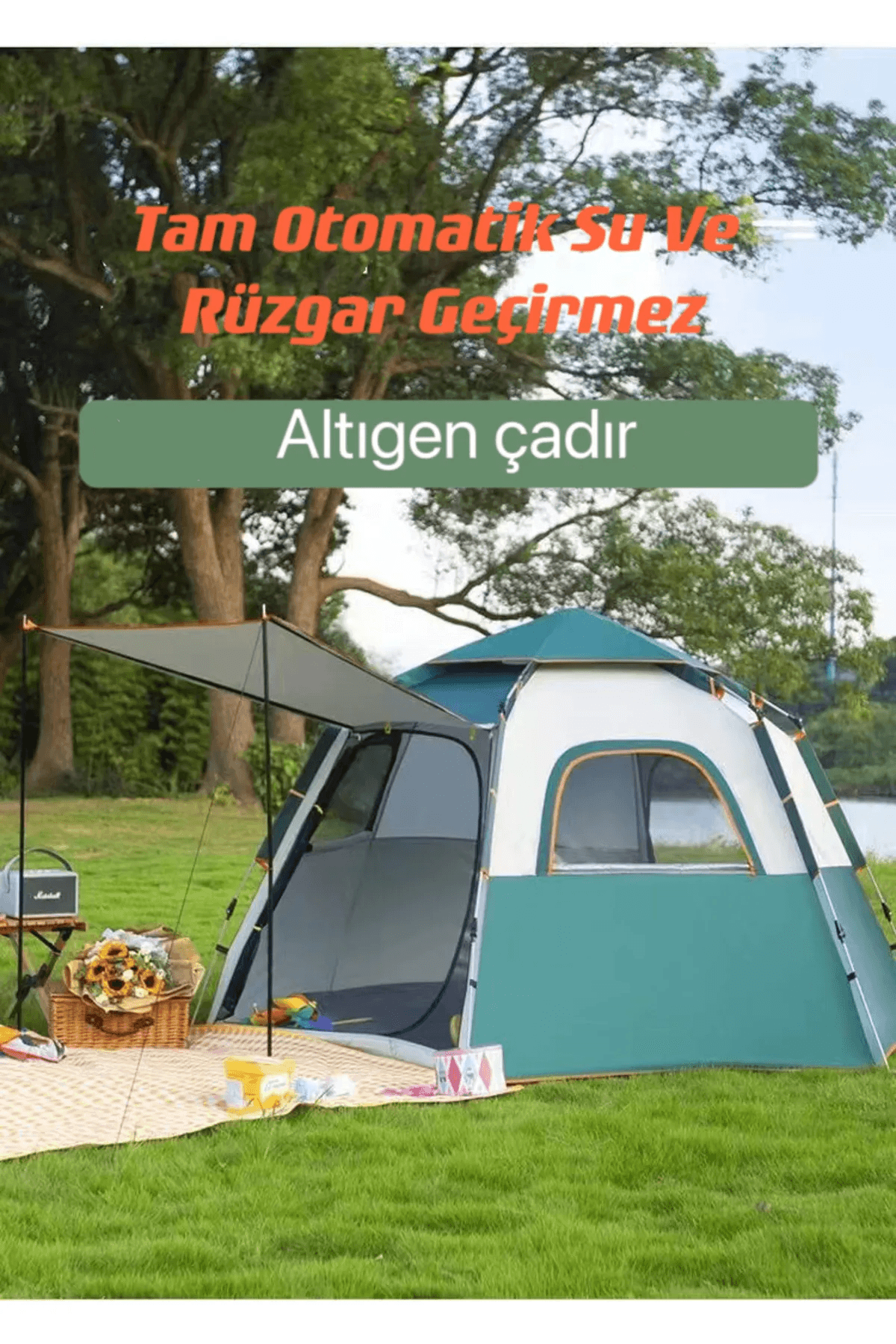 SHUFA Tam Otomatik Su Ve Rüzgar Geçirmez Gölgelikli Altıgen Çadır Aile Çadırı 240x210x135 Cm