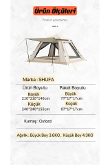 SHUFA 4 Tarafı Kare Tenteli Tam Otomatik Kamp Çadırı 240*240*155