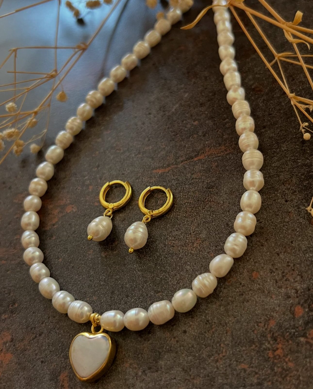 Doğaltaş Gümüş Gold İnci Kolye ve Küpe Set