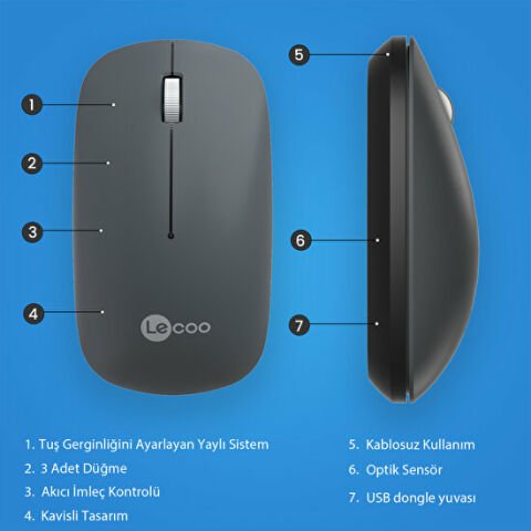Lenovo Lecoo WS214 1200 DPI 4 Tuşlu Kablosuz Sessiz Mouse - Gri