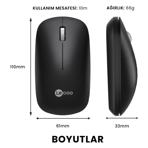 Lenovo Lecoo WS214 1200 DPI 4 Tuşlu Kablosuz Sessiz Mouse - Siyah