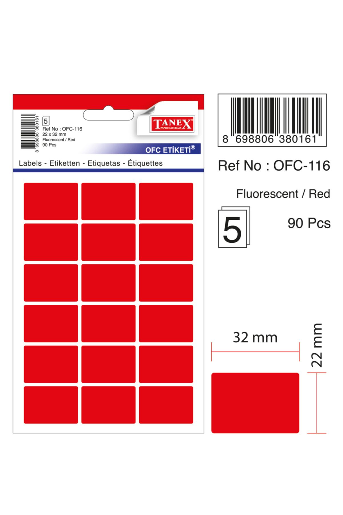 Tanex OFC-116 Etiket 22x32 mm - Neon Turuncu (90 Adet)