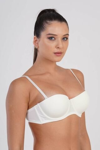 Kadın Ekru B Cup Balenli Destekli Dolgulu Askıları Çıkabilen Yaka Detaylı T-Shirt Sütyeni