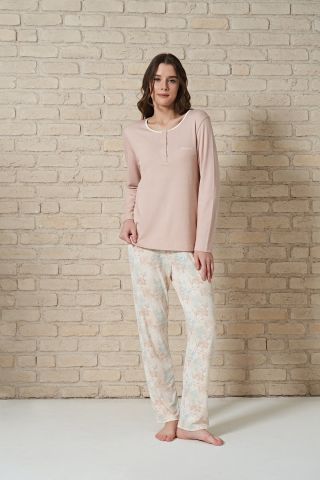 Kadın Düğme Detaylı Alt Kısmı Çiçek Desenli Uzun Kollu Pijama Takımı