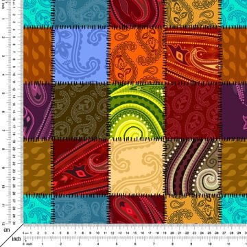 Renkli Şal Desenli Patchwork Kareler Dijital Baskılı Kumaş