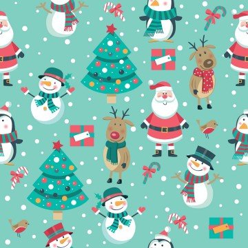 Turkuaz Zemin Üzerine Sevimli Noel Baba Geyik Çam Ağacı Desenli Dijital Baskılı Kumaş