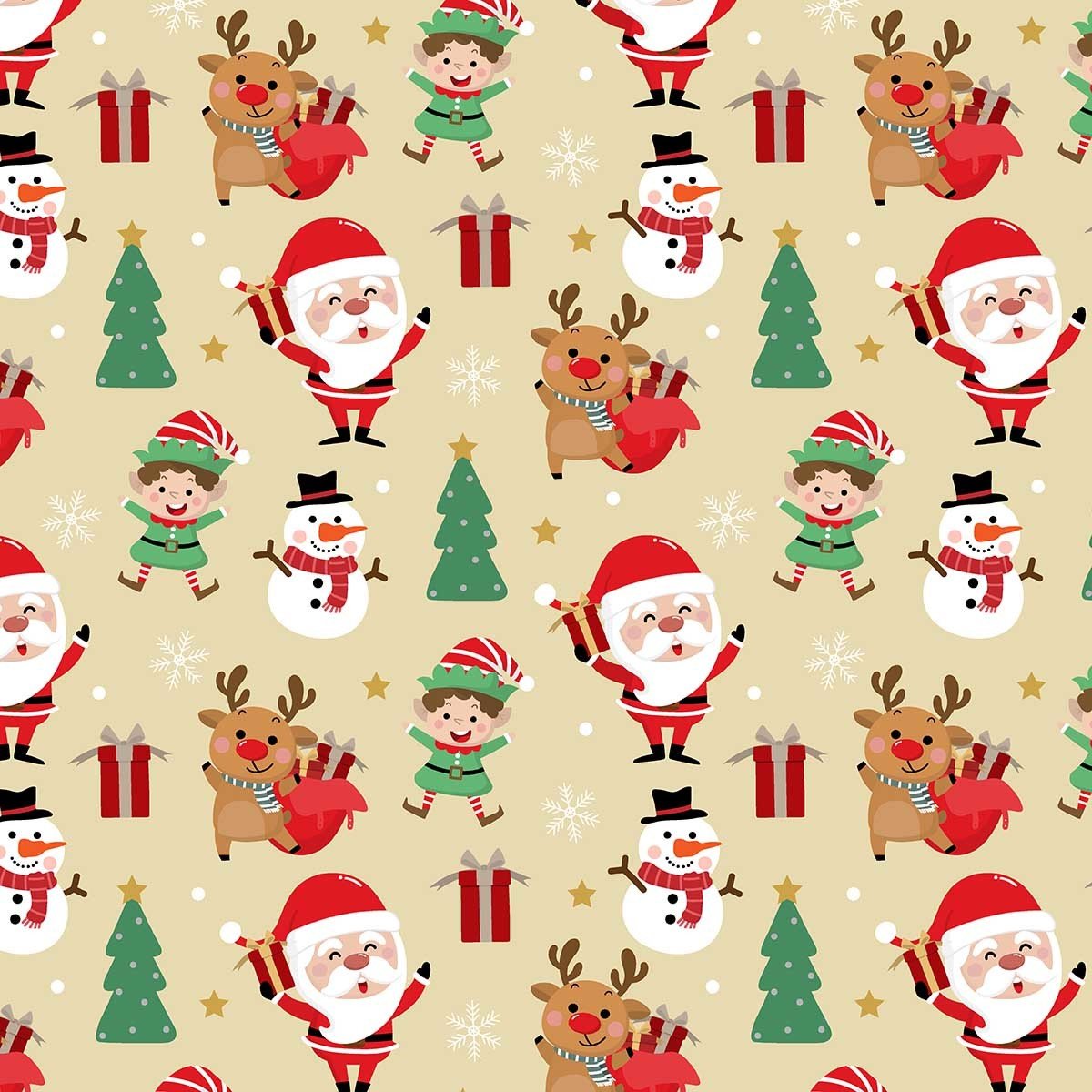 Krem Zemin Üzerine Sevimli Noel Baba Geyik Çam Ağacı Desenli Dijital Baskılı Kumaş
