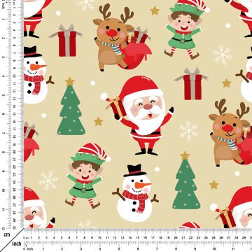 Krem Zemin Üzerine Sevimli Noel Baba Geyik Çam Ağacı Desenli Dijital Baskılı Kumaş