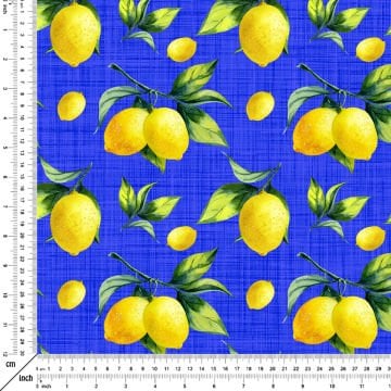 Limon Serisi-Lacivert Keten Efektli Zemin Üzerine Sarı Limonlu Dijital Baskılı Kumaş