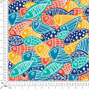 Gökkuşağı Renkli Geometrik Balık Desenli Kumaş