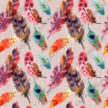 Pembe Keten Efektli Zemine Renkli Kuş Tüyleri Desenli Dijital Baskılı Kumaş