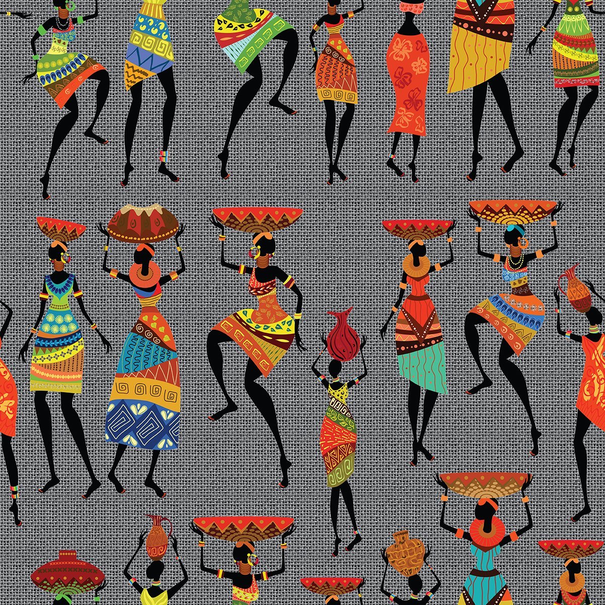 Afrikalı Dansçı Kızlar ve Jüt Efektli Zemini Dijital Baskılı Kumaş