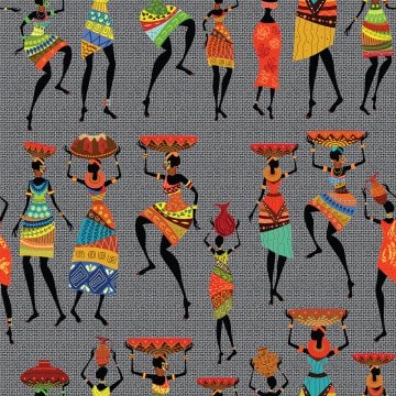 Afrikalı Dansçı Kızlar ve Jüt Efektli Zemini Dijital Baskılı Kumaş