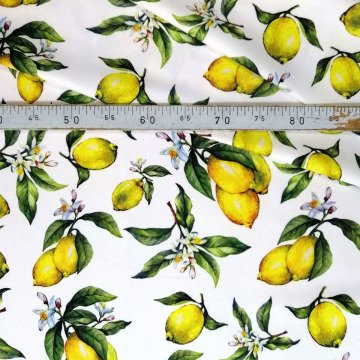 Limon Serisi-Beyaz Zemin Üzerine Yapraklı Limon Desenli Kumaş