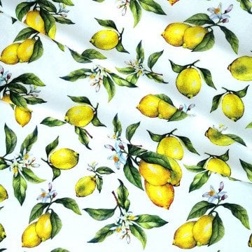Limon Serisi-Beyaz Zemin Üzerine Yapraklı Limon Desenli Kumaş