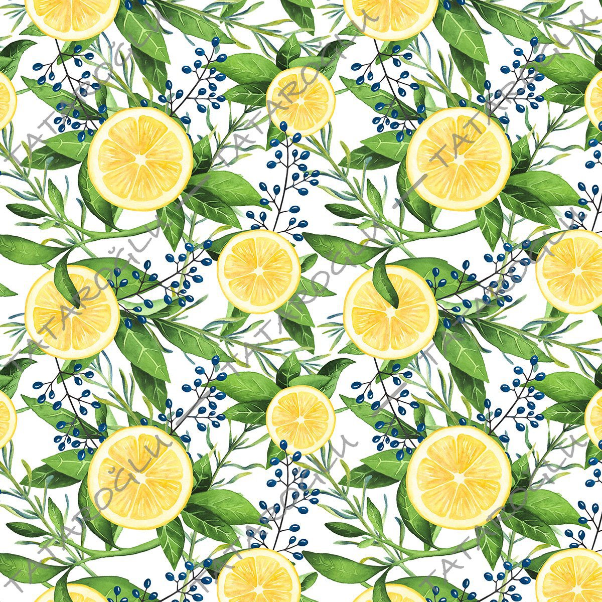 Limon Serisi-Mavi Tomurcuklu Limon Desenli Dijital Baskılı Kumaş