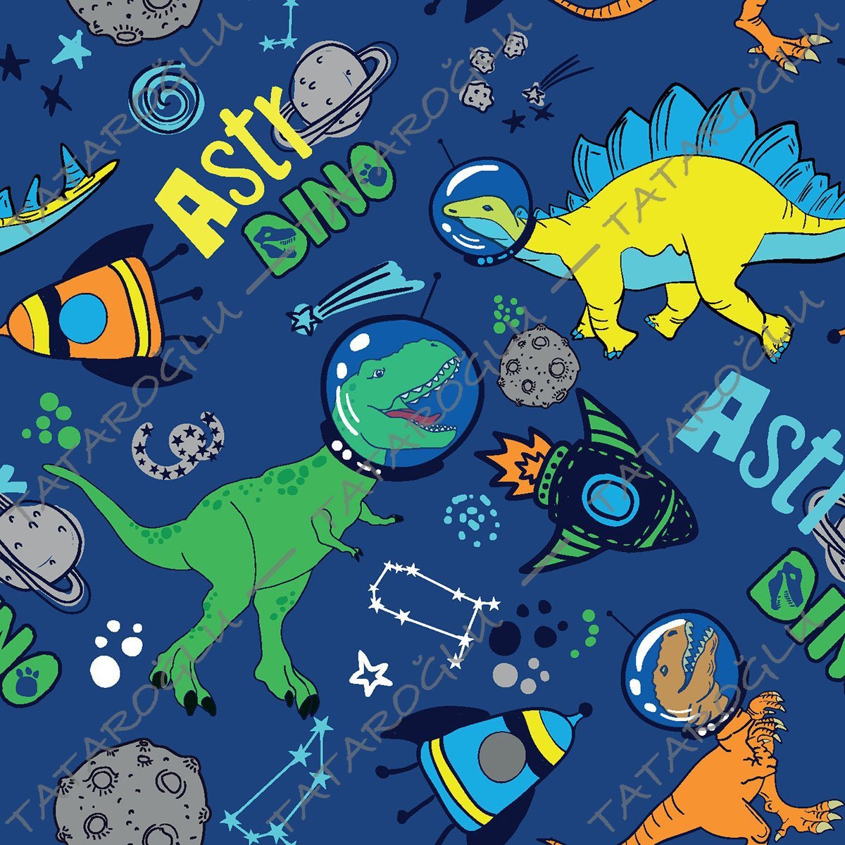 Mavi Zeminli Uzayda Gezinen Dinozorlar Desenli Kumaş