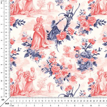 Toile de Jouy Vintage Kadınlar, Gül Ağaçları Arasında Kadın Silüetleri Çok Amaçlı Dekoratif Dijital Baskı Kumaş