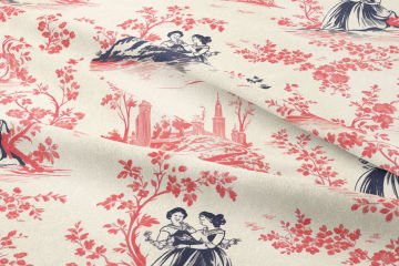 Toile de Jouy Vintage Kadınlar, Çiçekler  Arasında Kadın Silüetleri Çok Amaçlı Dekoratif Dijital Baskı Kumaş