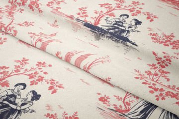 Toile de Jouy Vintage Kadınlar, Çiçekler  Arasında Kadın Silüetleri Çok Amaçlı Dekoratif Dijital Baskı Kumaş