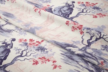 Toile de Jouy Vintage Kadınlar, Ağaçlar ve Şato Arasında Kadın Silüetleri Çok Amaçlı Dekoratif Dijital Baskı Kumaş