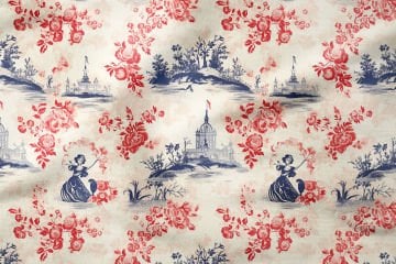 Toile de Jouy Vintage Kadınlar, Kırmızı Çiçekler Arasında Kadın Silüetleri Çok Amaçlı Dekoratif Dijital Baskı Kumaş