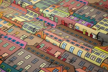 Pop Art Kumaş Renkli Sıralı Çizgisel Evler