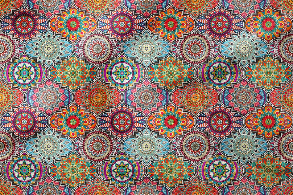 Renkli Geometrik Mandala Desenli Dijital Baskılı Kumaş
